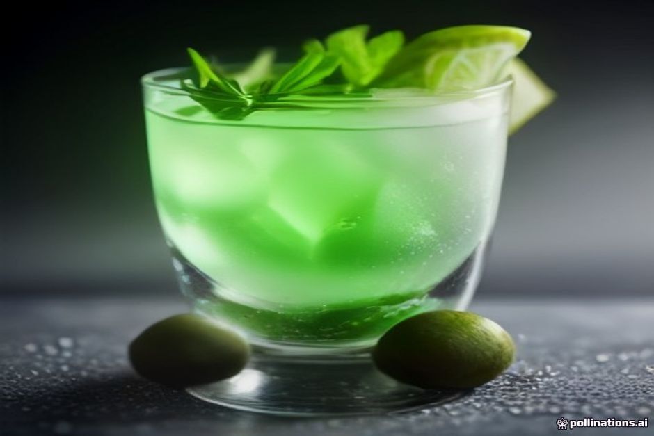 Close-up of clear energy drink in a glass with ice, fresh ingredients and herbs arranged artfully around it, clean commercial product photography